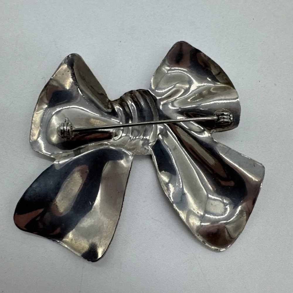 Bow‎ Brooch Pin Vintage Silver Tone 2.5